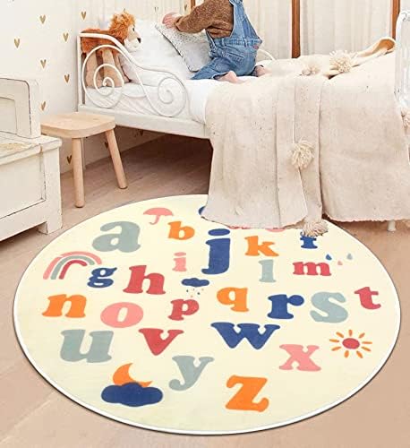 Areeze ABC okrugli tepih Djeca Djeca Djeca Obrazovno učenje prostirka 4ft, pahuljasta propusna vuna abeceda za bebe za puzanje, prostirka