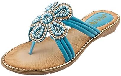 _ / Ženske ravne sandale s ukrasima od dijamantnih perli; japanke u boemskom stilu; sandale s japankama