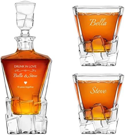Personalizirani bokal za viski od 2 čaše za parove-elegantan ugravirani set viskija-model s kockicama leda-stilski pribor za vjenčanje