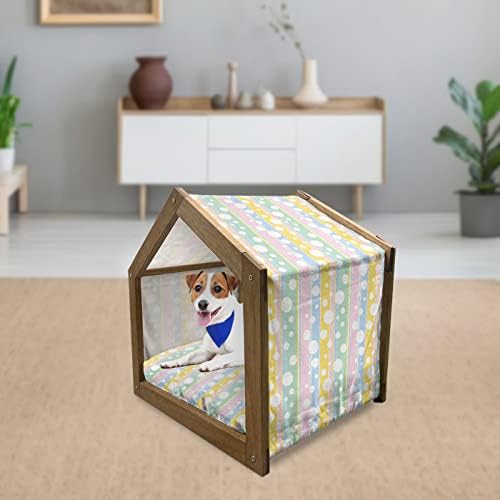 Apstraktna drvena kućica za pse, pojednostavljeni Geometrijski krugovi nježnih tonova, kreativne pruge u boji, prijenosna kućica za