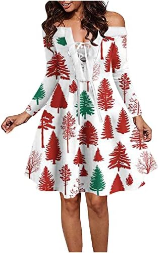 Ruziyoog ženska haljina moda, Djed Mraz tisak čipka dugih rukava up v haljine od vrata Velvet off rame Party mini haljina