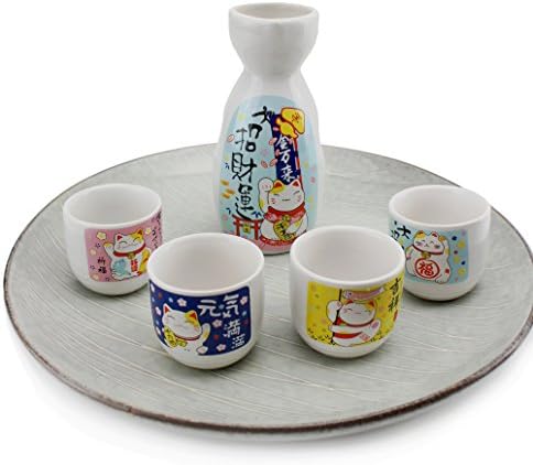 Tradicionalni japanski porculanski set ~ Japanski Maneki Neko Lucky Cat 4 šalice 1 Decanter / Carafe / Sake Set / Kuća zagrijavanje